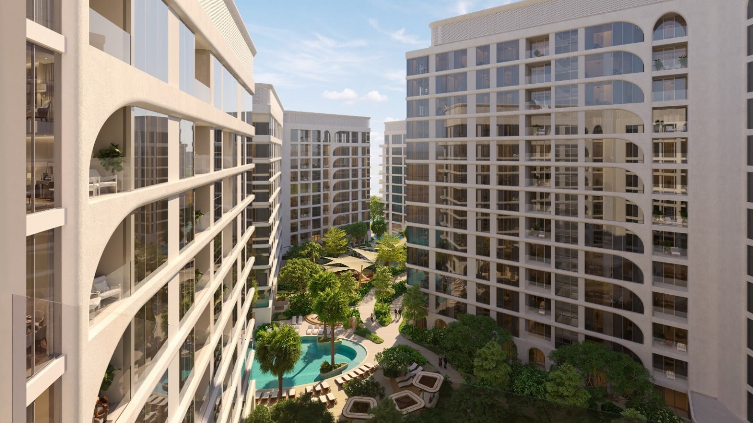 Landscaped courtyard and resort pool at SEEF