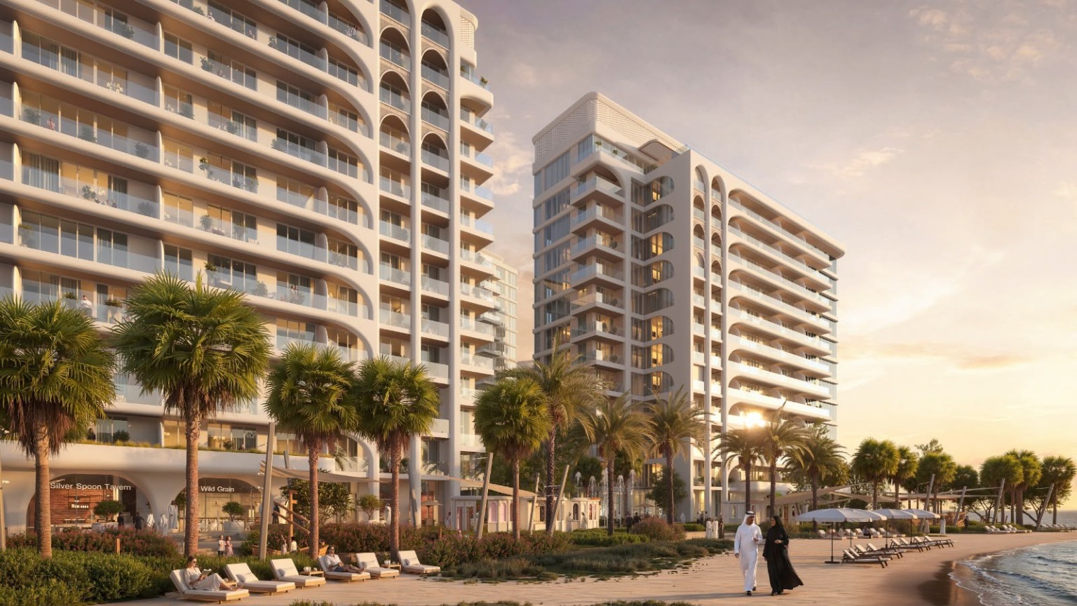 Private beach and waterfront promenade at SEEF